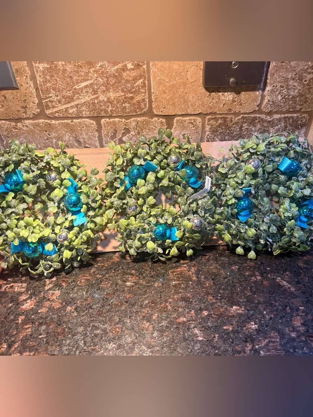 BRAND NEW Set of 3 Mini Faux Boxwood Holiday Wreaths - Teal & Silver